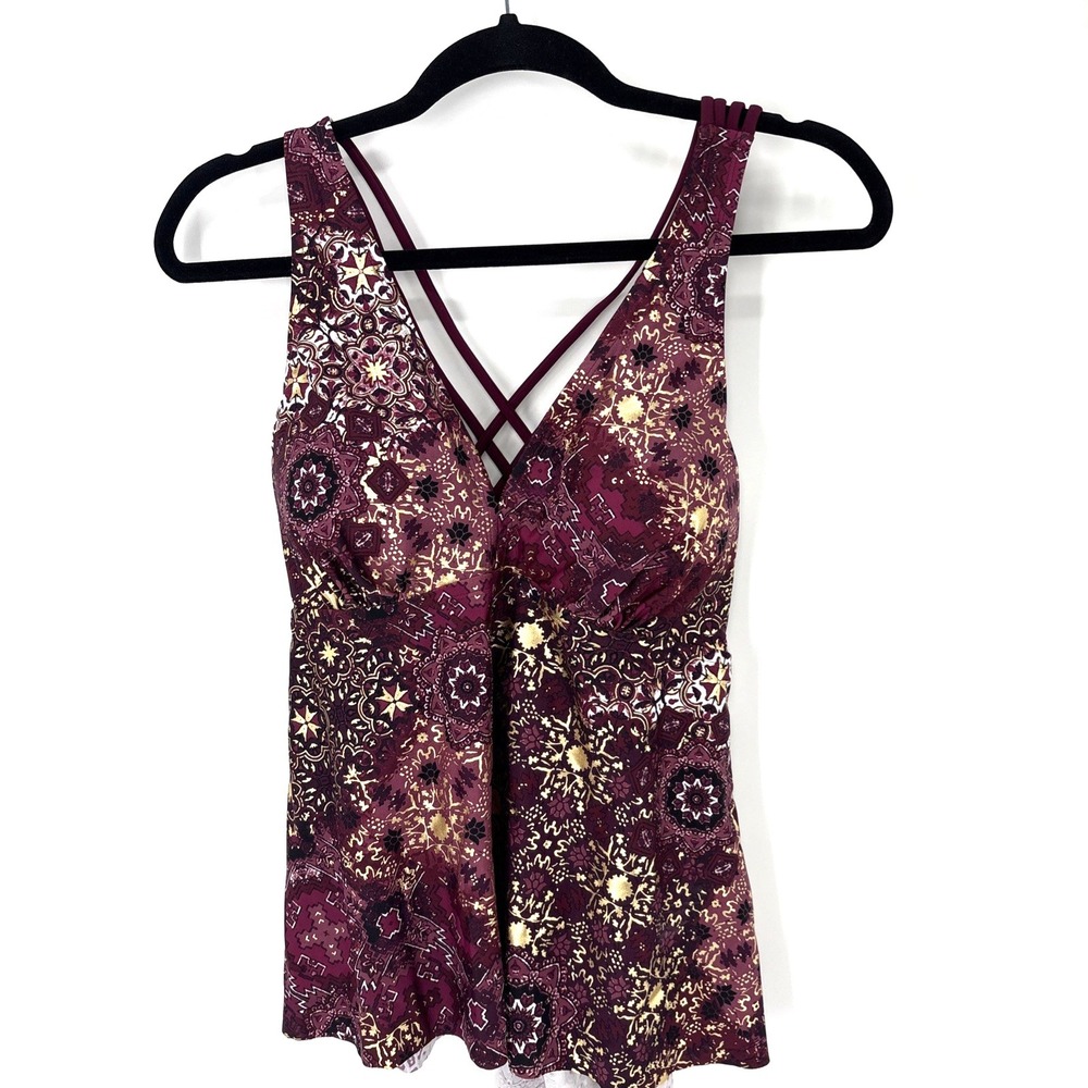 Swimsuits For All Tankini Top 12 Bugundy Gold Medallion Criss Cross High Low